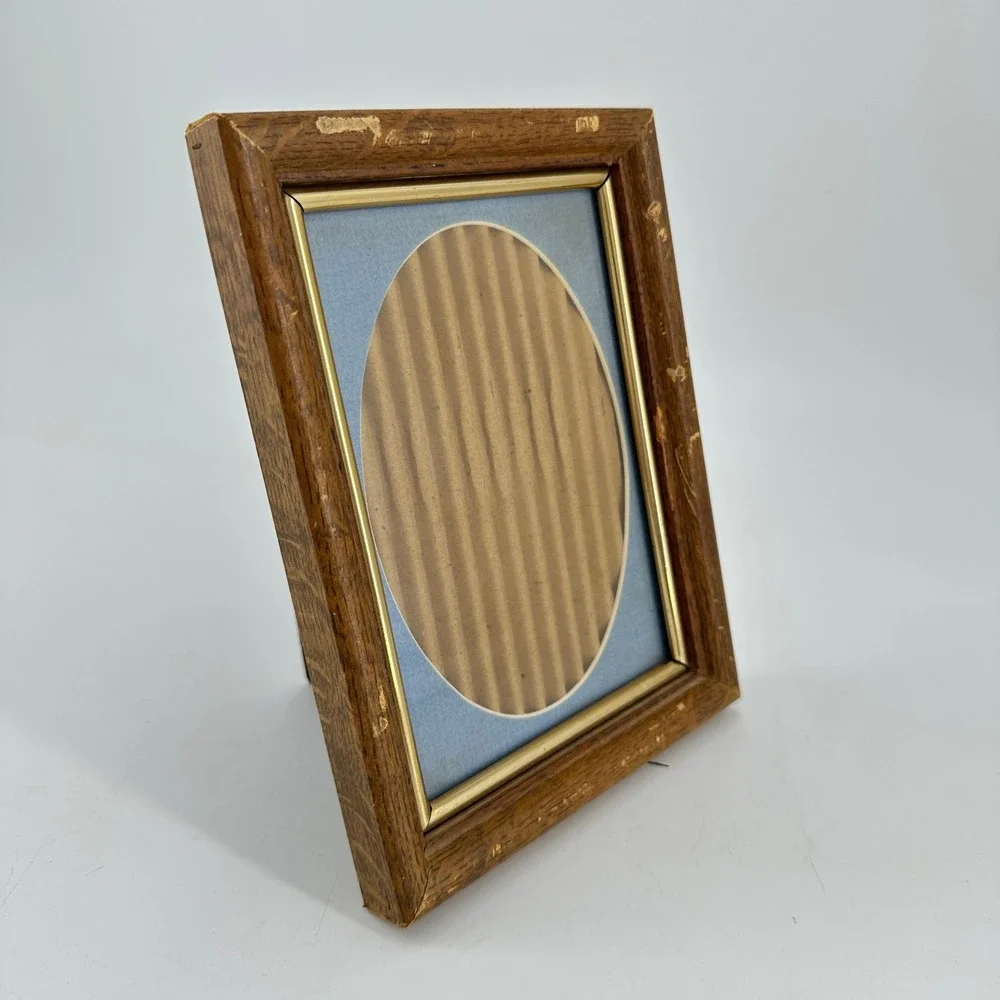 Vintage Wood Picture‎ Frame Blue Oval Mat Gold Trim 5x7 Distressed Rustic Decor